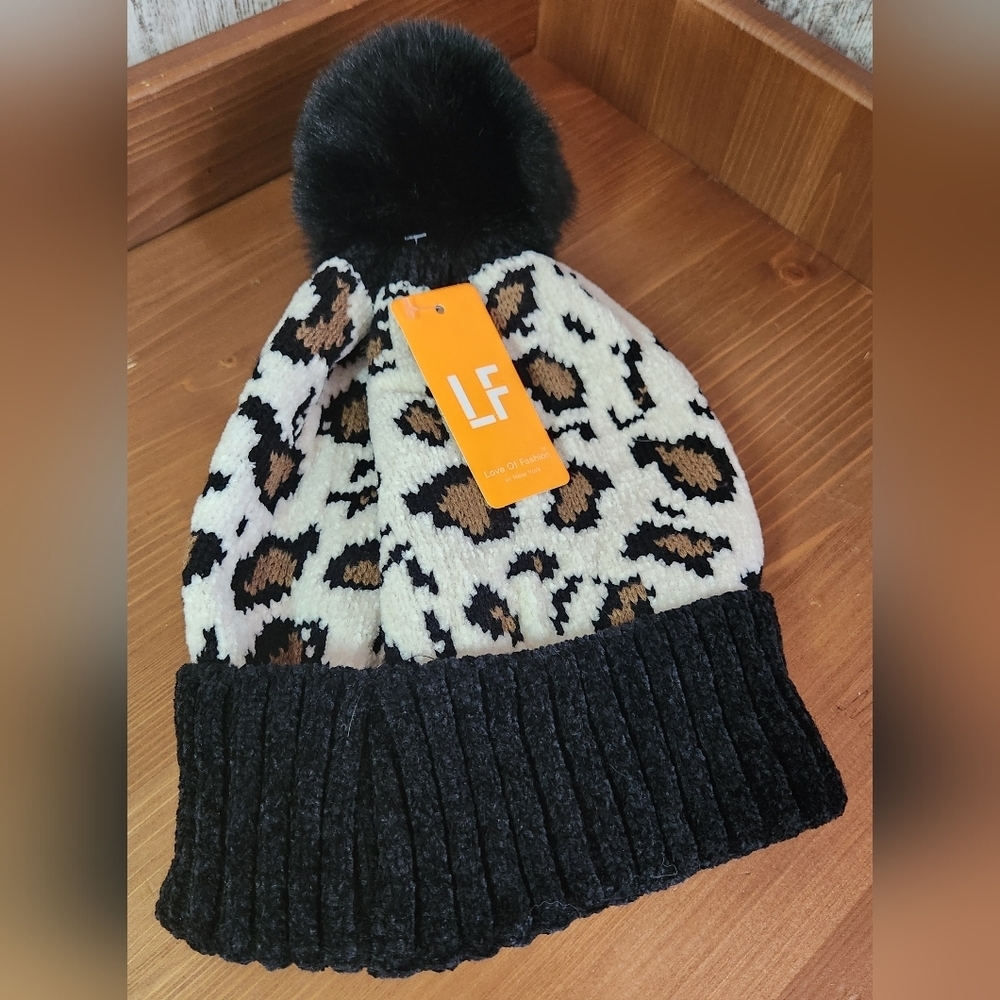 LF Leopard Animal Print Beanie Tobaggon Winter Hat with Black Pom-Pom